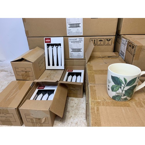 774 - Large quantity of new coffee mugs, espresso cups, latte spoons in boxes.