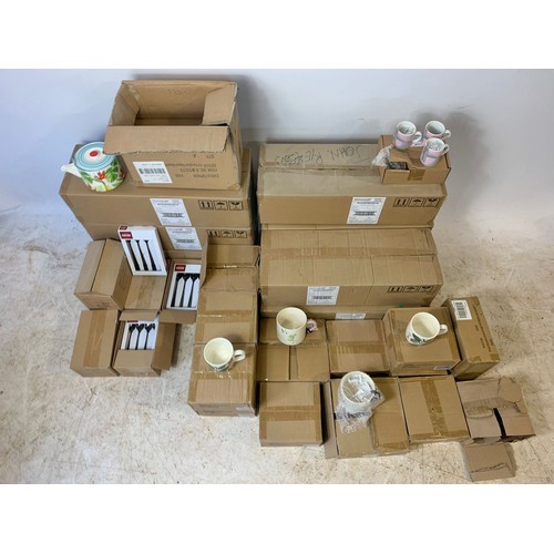 774 - Large quantity of new coffee mugs, espresso cups, latte spoons in boxes.