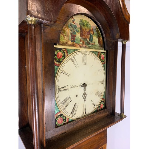 931 - Large Victorian oak long case clock with 1 weight and pendulum. 215cm. Condition report, some restor... 