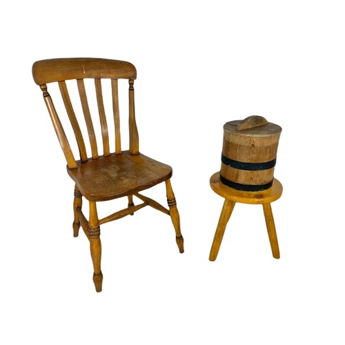 1062 - Late Victorian stick back kitchen chair and a vintage milking stool and small barrel.