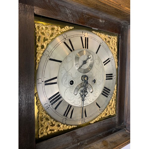 937 - 18th century oak long case clock with brass and steel face, Thomas Radford of Leeds. 192cm.