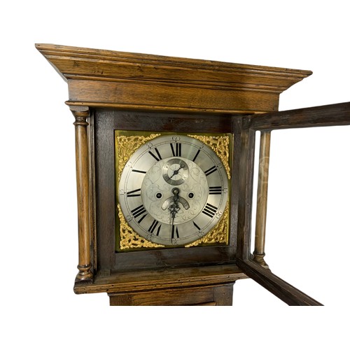 937 - 18th century oak long case clock with brass and steel face, Thomas Radford of Leeds. 192cm.