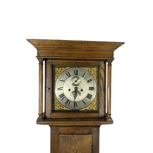 937 - 18th century oak long case clock with brass and steel face, Thomas Radford of Leeds. 192cm.