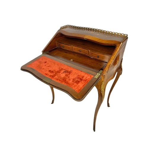 915 - Late 19th century marquetry inlaid rosewood French bureau with brass gallery and ormolu mounts. 71/4... 