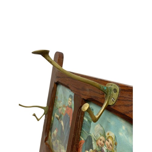 708 - Edwardian pitch pine hat and coat rack with brass hooks. 62.5/44cm