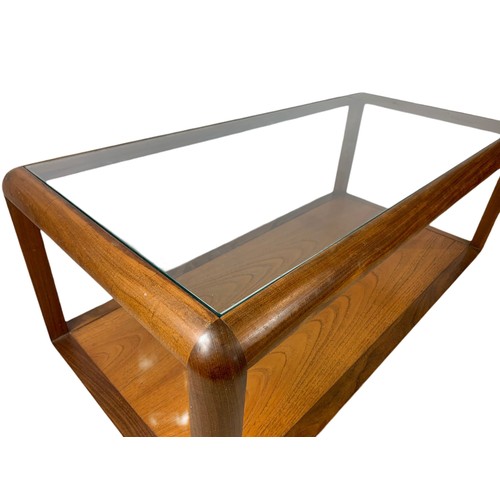 920 - G-Plan Fresco teak mid century 2 tier coffee table with glass top. 111/55/45cm