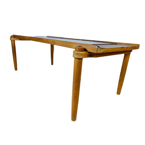 964 - Long teak mid century coffee table with smoked glass. 122/56/41.5cm