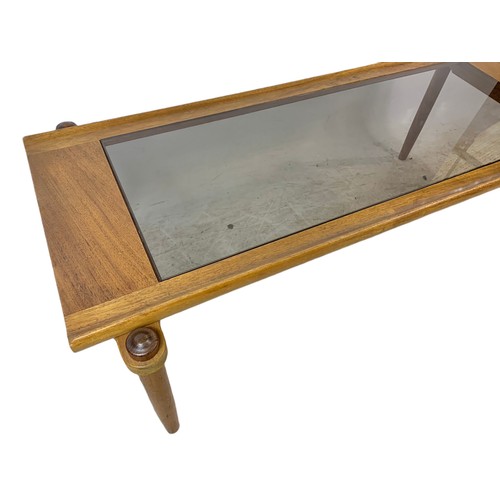 964 - Long teak mid century coffee table with smoked glass. 122/56/41.5cm