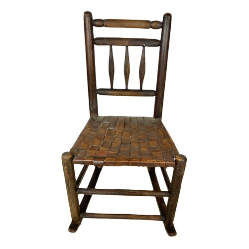 973 - Small mid 19th century country rocking chair in the Lancashire style with original leather seat. 46/... 