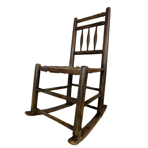 973 - Small mid 19th century country rocking chair in the Lancashire style with original leather seat. 46/... 