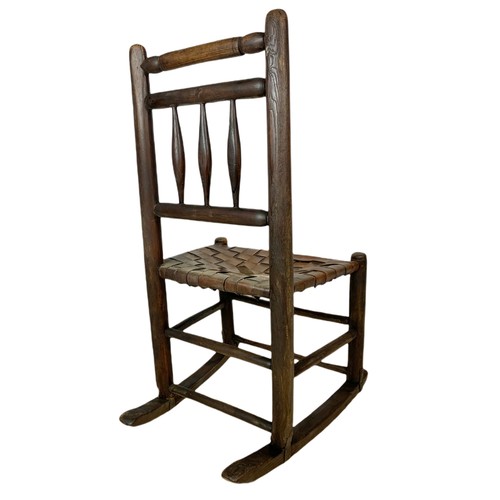 973 - Small mid 19th century country rocking chair in the Lancashire style with original leather seat. 46/... 