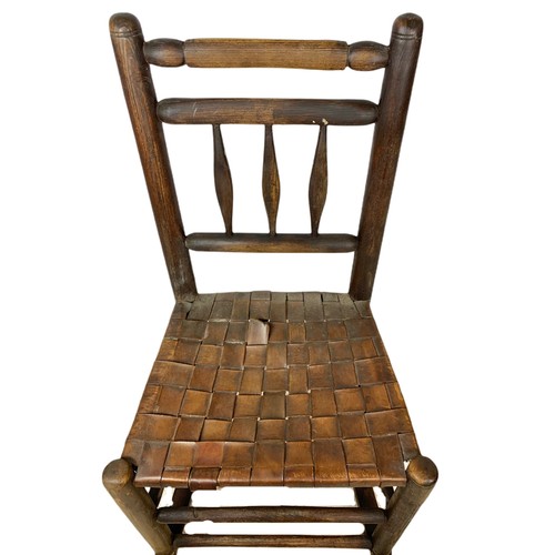 973 - Small mid 19th century country rocking chair in the Lancashire style with original leather seat. 46/... 