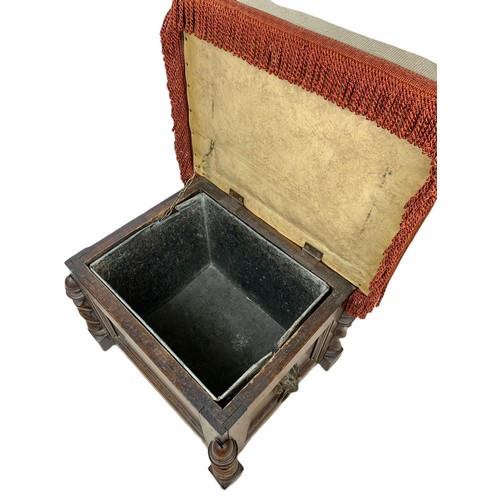 1023 - Edwardian oak coal box with needle point seat. 45/36/38cm