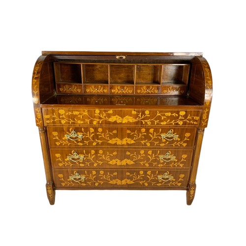 1027 - Large 18th century style marquetry inlaid cylinder bureau in the Dutch manner. With brass handles. 1... 