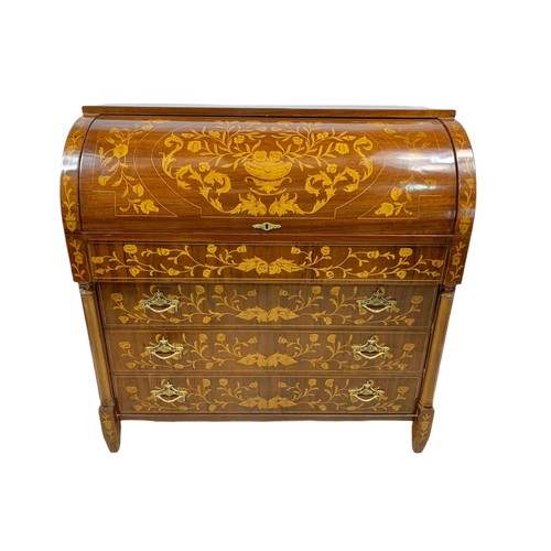 1027 - Large 18th century style marquetry inlaid cylinder bureau in the Dutch manner. With brass handles. 1... 