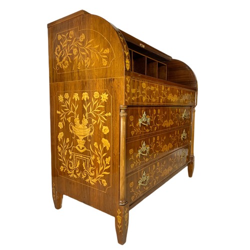 1027 - Large 18th century style marquetry inlaid cylinder bureau in the Dutch manner. With brass handles. 1... 