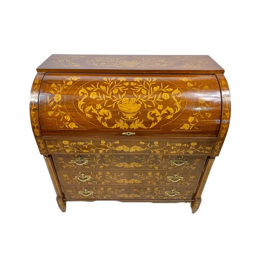 1027 - Large 18th century style marquetry inlaid cylinder bureau in the Dutch manner. With brass handles. 1... 