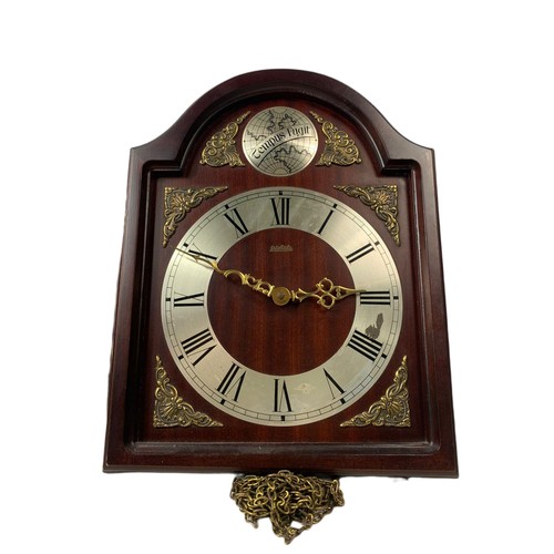 725 - Wehrle mahogany wag on the wall clock with weights and pendulum. 28/35cm