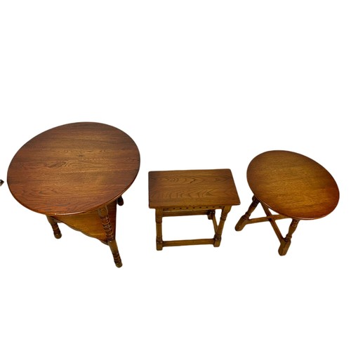 1074 - Reproduction oak cricket table, joint stool and an oak occasional table 61/61/71cm