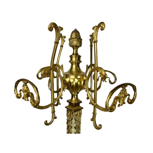 1081 - Tall vintage ornate heavy brass and onyx hat and coat stand. 172.5cm