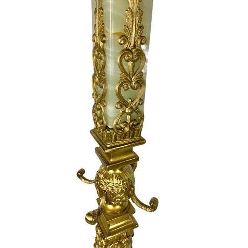 1081 - Tall vintage ornate heavy brass and onyx hat and coat stand. 172.5cm