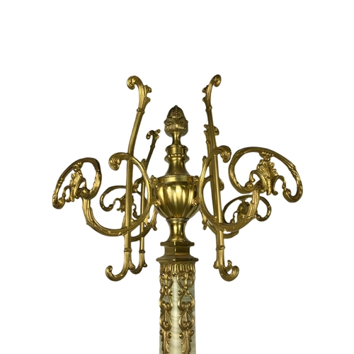 1081 - Tall vintage ornate heavy brass and onyx hat and coat stand. 172.5cm