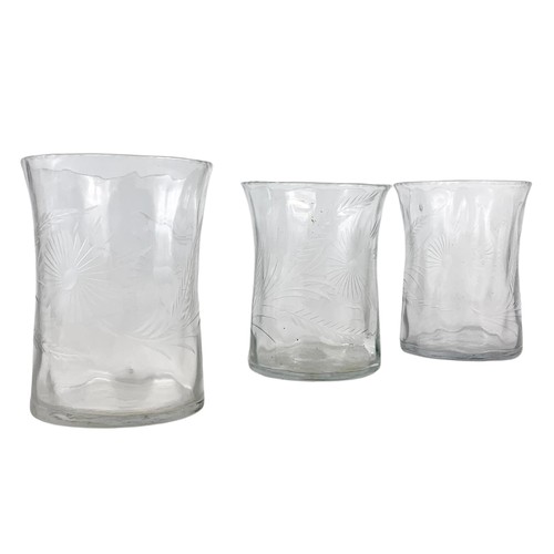 403 - 3 matching Victorian glass vases with etched flower decoration. 13cm