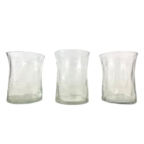 403 - 3 matching Victorian glass vases with etched flower decoration. 13cm