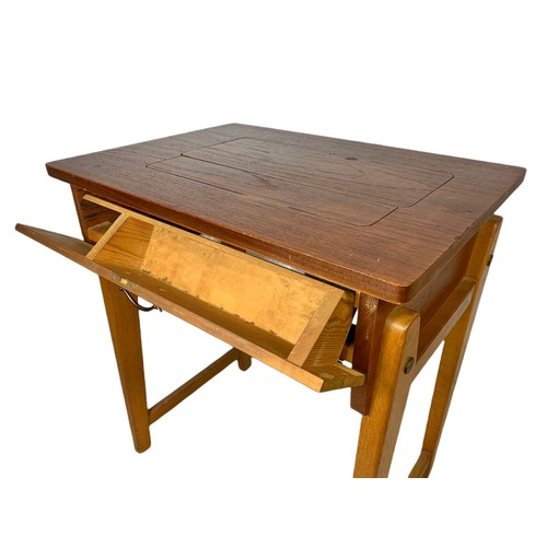 1121 - Teak mid century sewing machine table. No sewing machine. 63.5/46/74cm