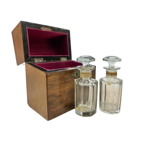 106 - Victorian inlaid rosewood box with 2 scent bottles. 12.5x7.5x13cm