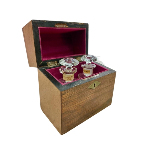 106 - Victorian inlaid rosewood box with 2 scent bottles. 12.5x7.5x13cm