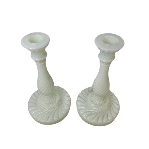 14 - Pair of vintage milk glass candlesticks. 22cm