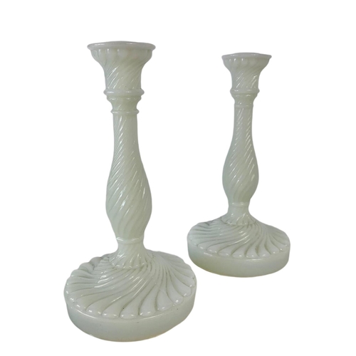 14 - Pair of vintage milk glass candlesticks. 22cm