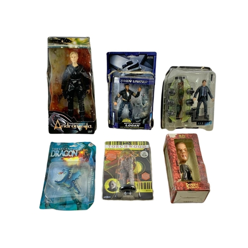 169 - Toys in boxes. Including Andromeda Beka Valentine figure 36cm, Torchwood 5 inch Wevil figure, Buffy ... 