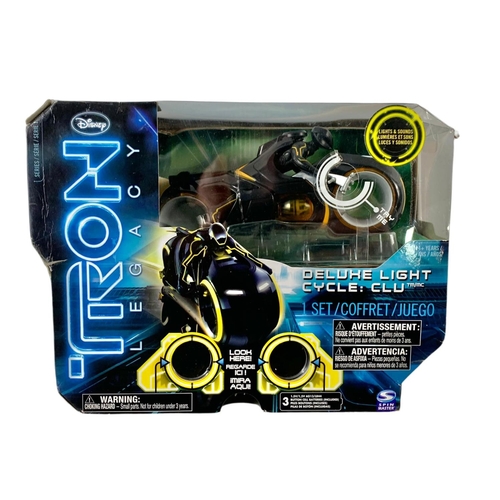 170 - 3 Disney Tron Legacy action figures in boxes. “Deluxe Light Cycle Sam Flynn, Deluxe Light Cycle Clu,... 