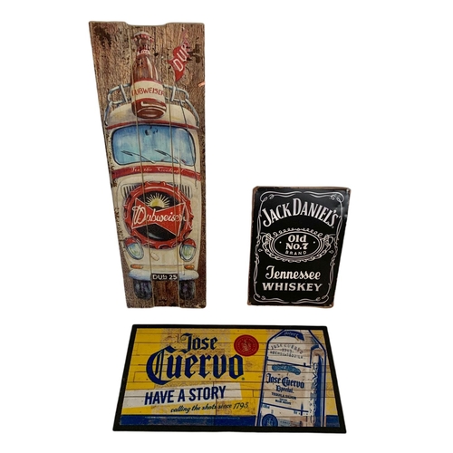 180 - 2 advertising signs and a beer mat. Jack Daniels, Budweiser and Jose Cueruo. Largest 60cm