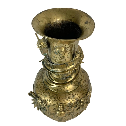 21 - Late 19th century ornate heavy brass Chinese vase. 42.5cm