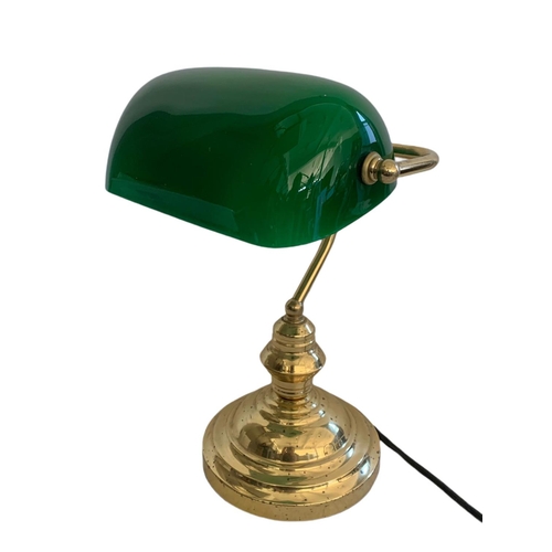 213 - Vintage brass desk lamp with glass shade. 38.5cm