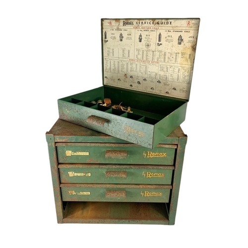 38 - Vintage Remax metal storage drawers with contents. 49/31/41.5cm