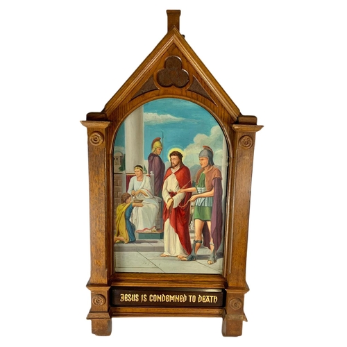 50 - Large late 19th century painted Steps of Christ in an oak frame. 61/123cm