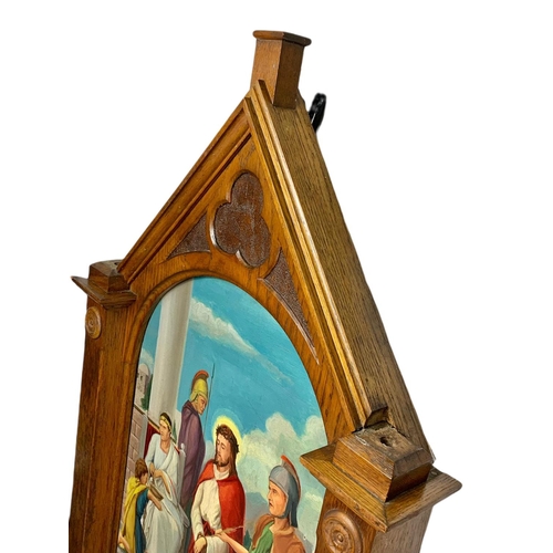 50 - Large late 19th century painted Steps of Christ in an oak frame. 61/123cm