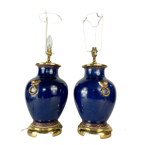 65 - Pair of large painted brass lamps with shades. 62.5cm