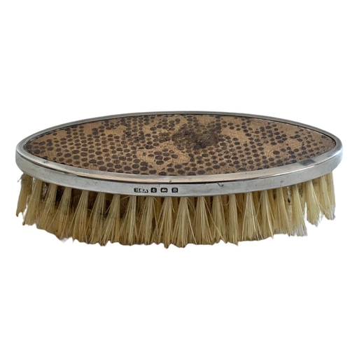 695 - Vintage silver and snake skin vanity brush in a snake skin case. 13cm