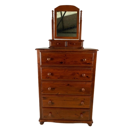 788 - Tall pine chest of drawers with with dressing mirror. 80x47x111cm