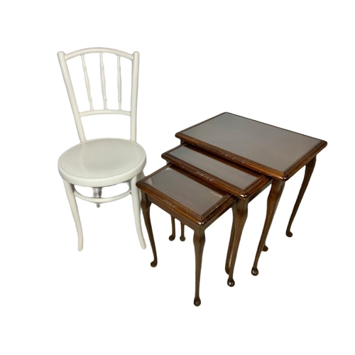 799 - 3 pieces of furniture. Including an inlaid mahogany hall moon hall table, a mahogany nest of 3 table... 