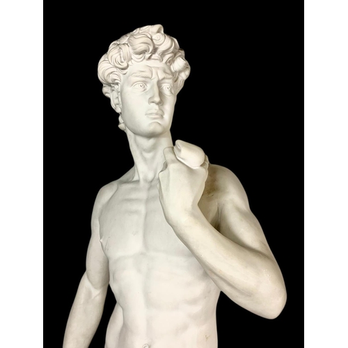 807 - Over 7 foot tall Italian reconstituted marble Lorenzo Dal Torrione figure of David on plinth