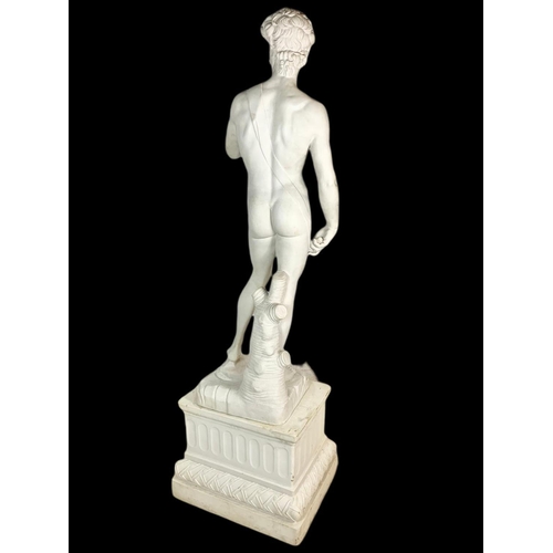 807 - Over 7 foot tall Italian reconstituted marble Lorenzo Dal Torrione figure of David on plinth