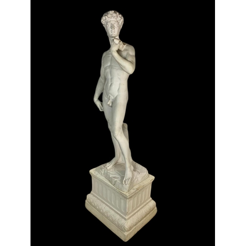 807 - Over 7 foot tall Italian reconstituted marble Lorenzo Dal Torrione figure of David on plinth