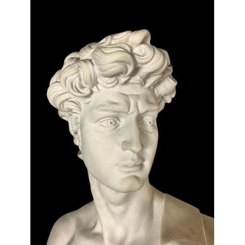 807 - Over 7 foot tall Italian reconstituted marble Lorenzo Dal Torrione figure of David on plinth