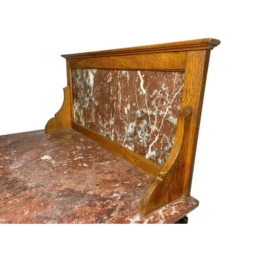 813 - Edwardian oak marble top washstand. 92x46x119cm.